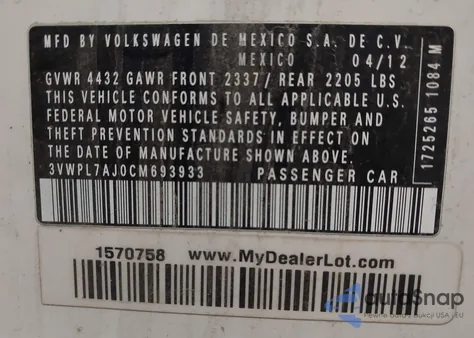 2012 Volkswagen Jetta Sportwagen 2.0L Tdi z USA, uszkodzony, nr VIN 3VWPL7AJ0CM693933